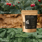 A stand-up pouch of Moontine Comfort herbal tea is centered over a collage of ingredients: raspberry leaves with raspberries at the top, ginger roots in the middle, and green lemon balm leaves at the bottom. The pouch is kraft brown with a black label.